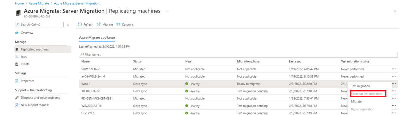 Screenshot that shows Clean up test migration.