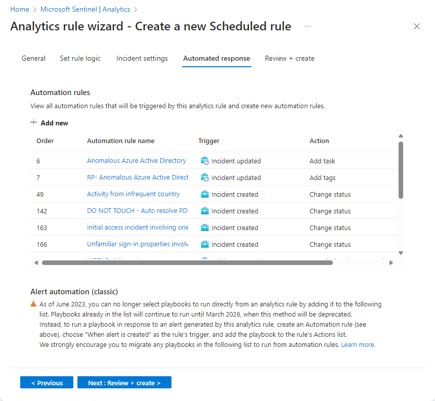 Screenshot of automated response screen of analytics rule wizard in the Azure portal.