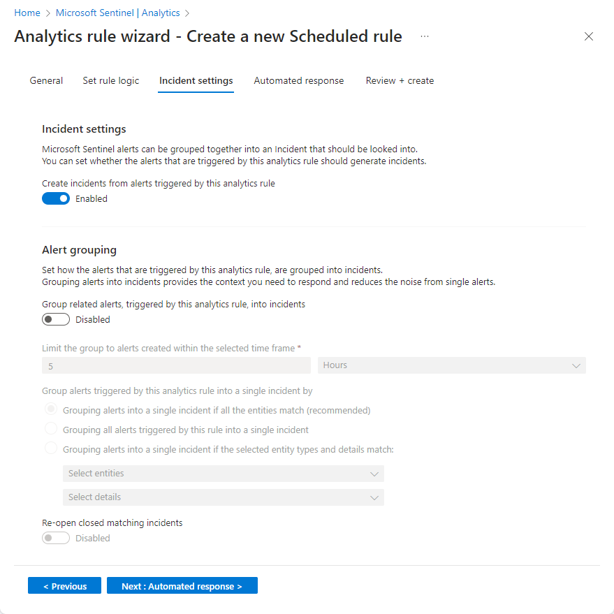 Screenshot of incident settings screen of analytics rule wizard in the Azure portal.