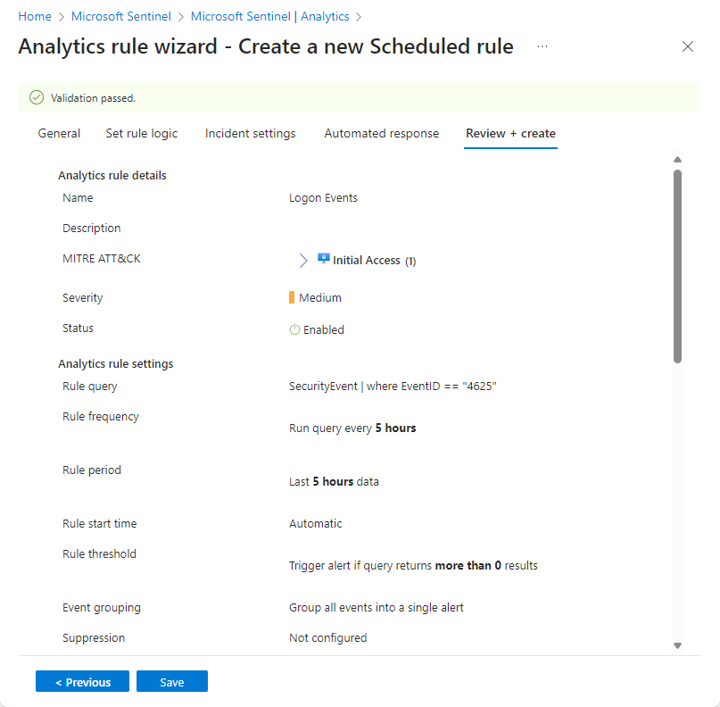 Screenshot of validation screen of analytics rule wizard in the Azure portal.