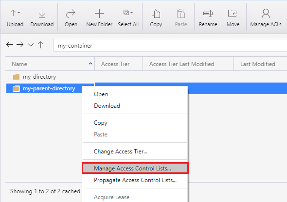 Right-clicking a directory in Azure Storage Explorer