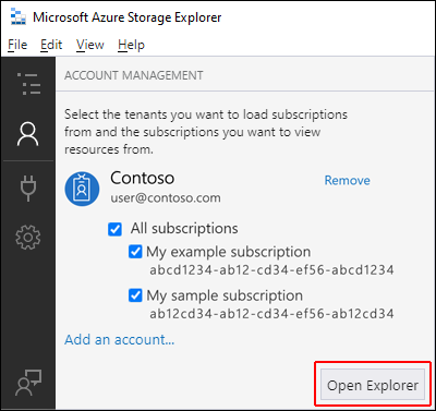 Screenshot that shows Microsoft Azure Storage Explorer, and highlights the Account Management pane and Open Explorer button.
