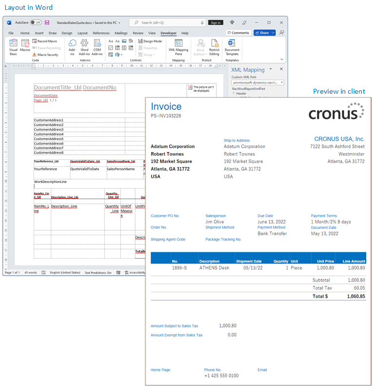 Example of a word report layout document for Business Central.