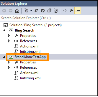 Screenshot of Solution Explorer test import.