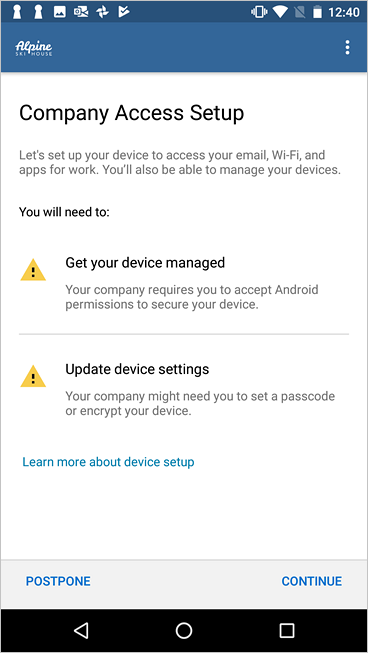 Example image of the previous Android device admin setup in Company Portal, showing a busier checklist.