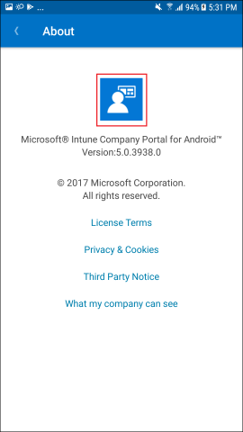 Screenshot shows Company Portal app for Android, About screen.