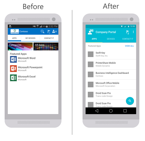 On the left, an image of the Company Portal app for Android before the update. On the right, an image of the Company Portal app for Android after the update. Both images show the Apps tab as the selected tab from the three available tabs of Apps, Devices, and Contact IT.