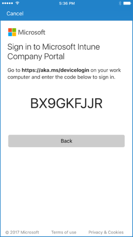 Instructions are provided to go to the aka.ms/devicelogin page with a unique passcode from your work computer, then to use the code to sign in.