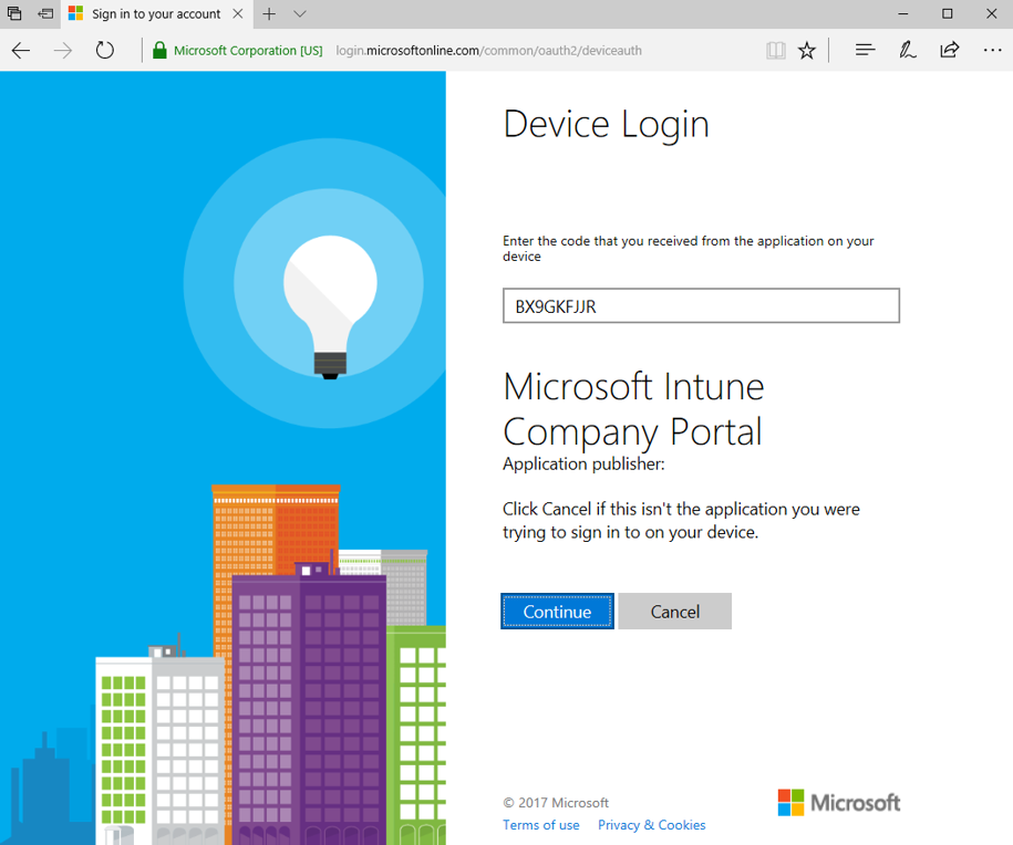 The user has input their unique code into the field, and the "Device login" site has asked for confirmation that the Intune Company Portal was the correct app to receive authorization to sign in.