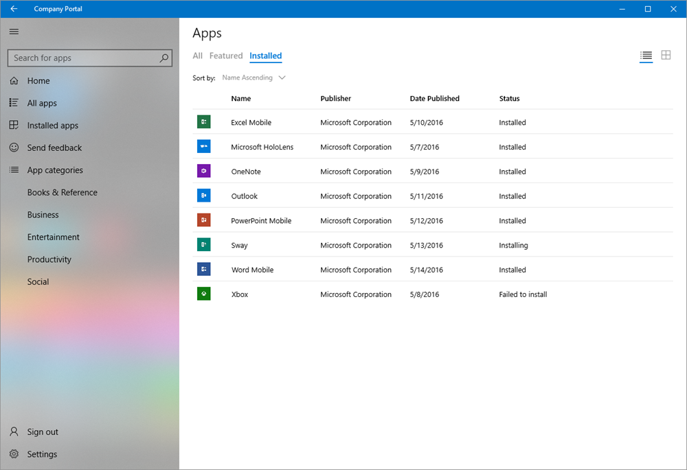 Screenshot of the Intune Company Portal app for Windows showing the installed apps in details view.