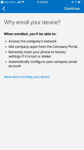 Screenshot shows Company Portal app for i O S / i Pad O S before update, Why enroll your device screen.
