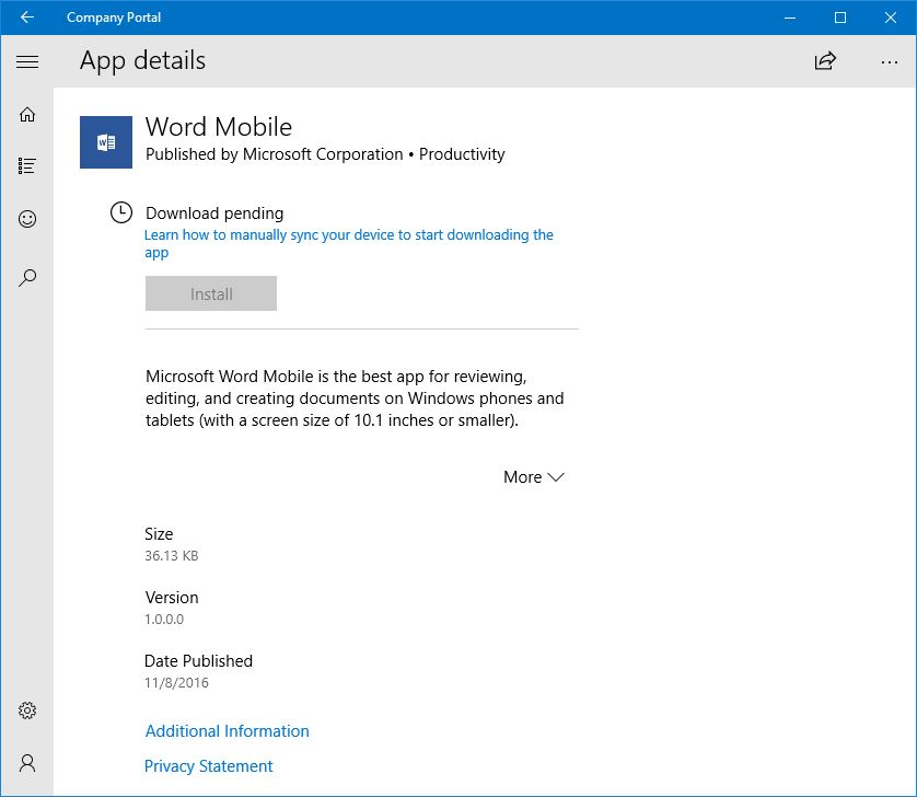 An image of the Windows 10 Company Portal app, where the download of Microsoft Word is in a pending state from the Company Portal's app store.