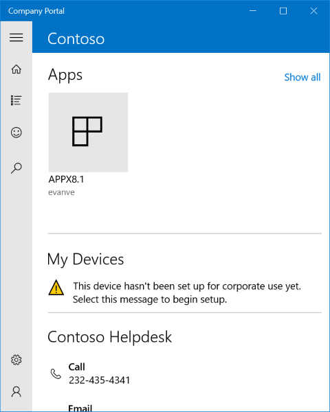 An image of the Windows 10 Company Portal app landing page, with a status message in the middle in the "devices" list which is telling a user that the device they're on hasn't been set up for corporate use yet, and that the user should select the message to begin setup.