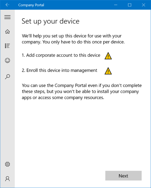 An image of the Windows 10 Company Portal app setup page, which is warning the user that they need to add a corporate account to this device, then they can enroll it into management.