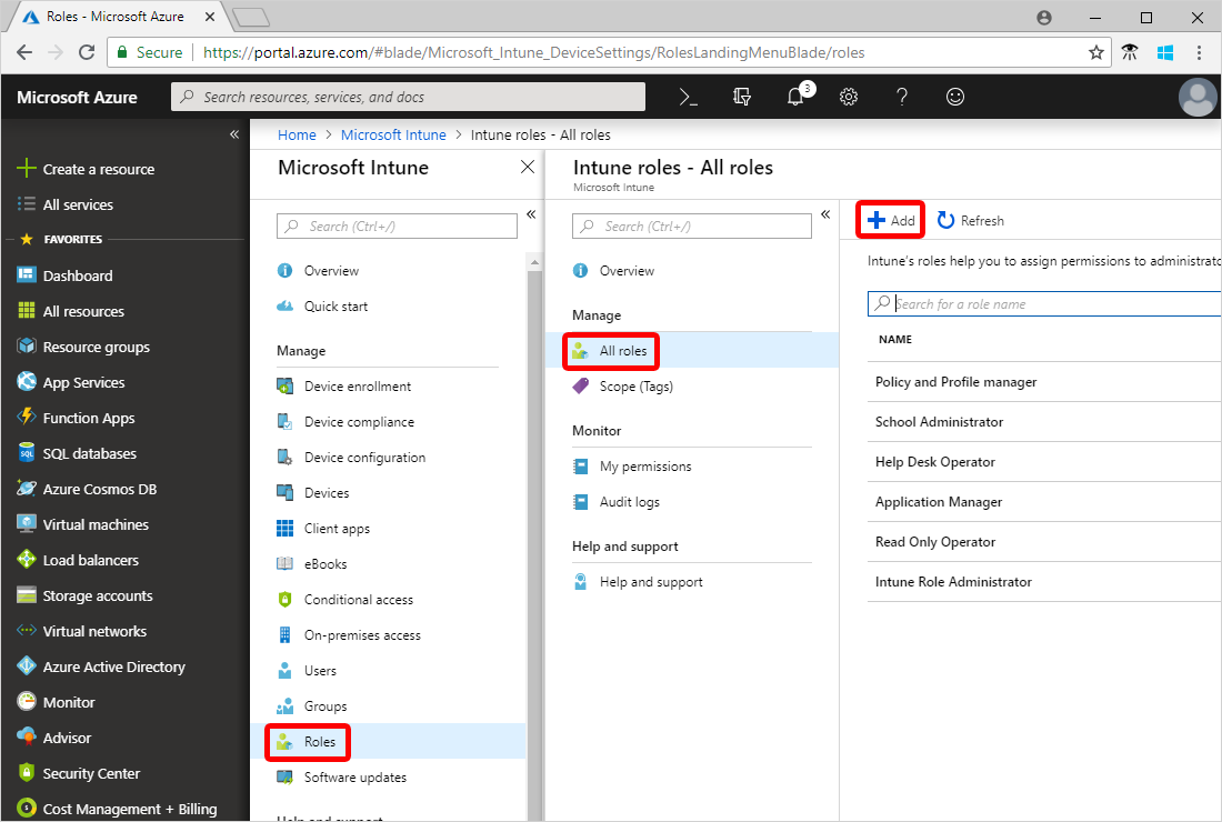 Adding a role in the Intune roles All roles pane.