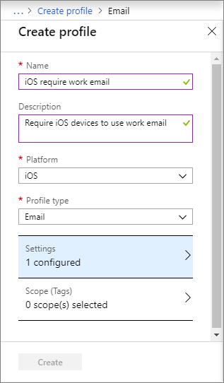 Create an email device configuration profile for iOS/iPadOS devices in Microsoft Intune and Intune admin center. Enter the profile name and description.