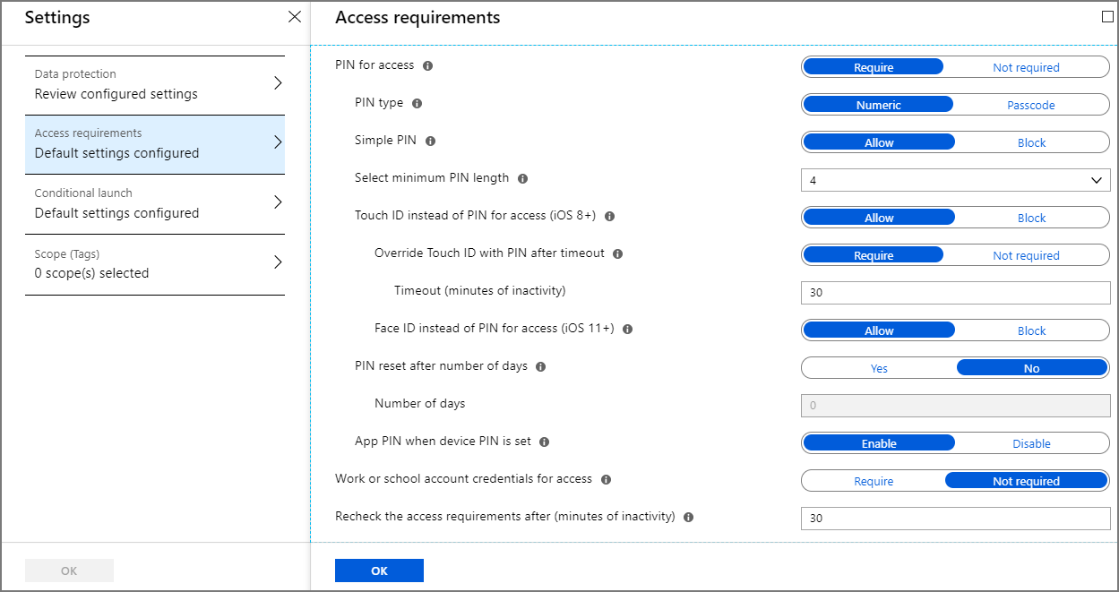 Select the Outlook app protection policy access actions.