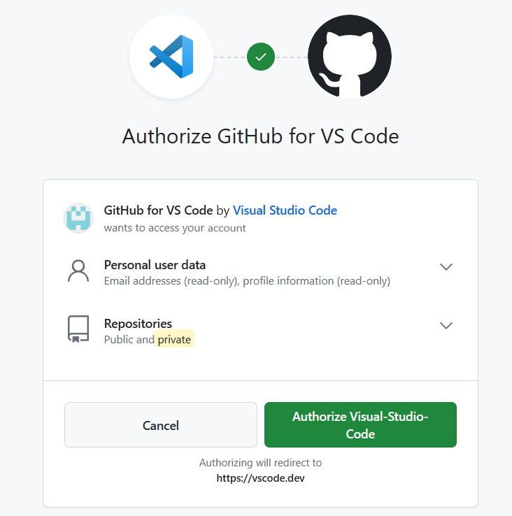 Screenshot of the browser window requesting user to authorize Visual Studio Code to access GitHub.