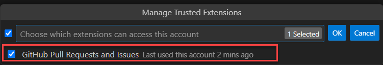 Screenshot displaying Manage Trusted Extensions in the command palette in Visual Studio Code.