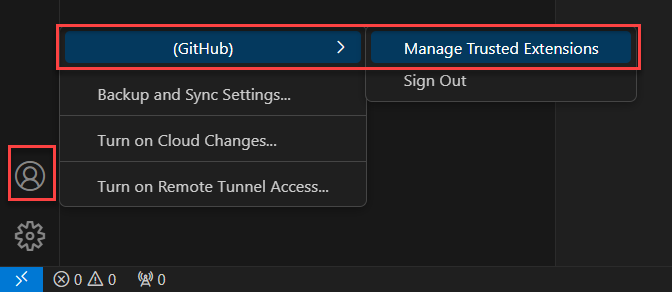 Screenshot selecting Manage Trusted Extensions menu option in Visual Studio Code.