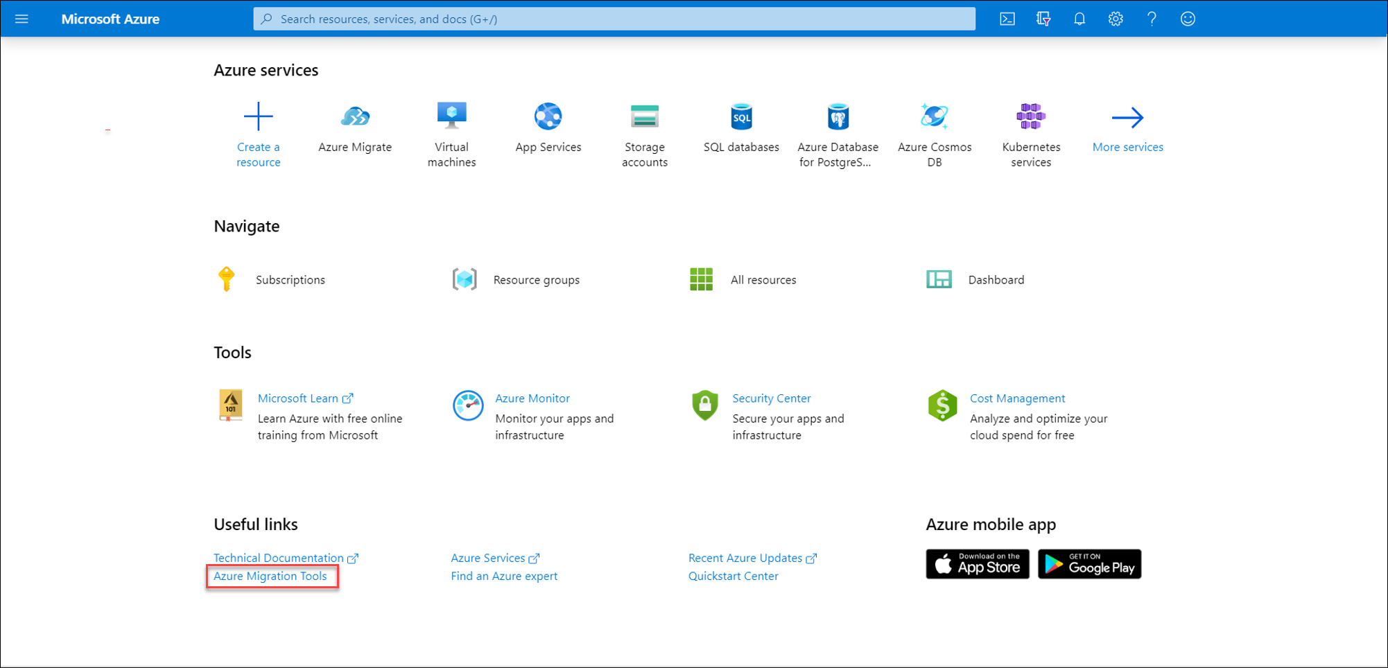 Screenshot of Azure migration tools.