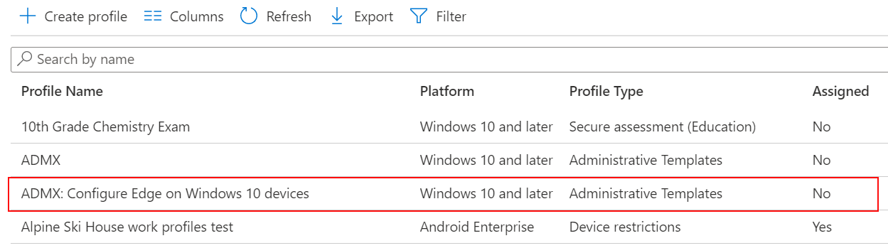 Screenshot of the ADMX policy setting is shown in the device configuration profile list in Microsoft Intune and Intune admin center.