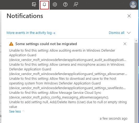 Screenshot that shows notifications with additional information when the policy is being created in Microsoft Intune.