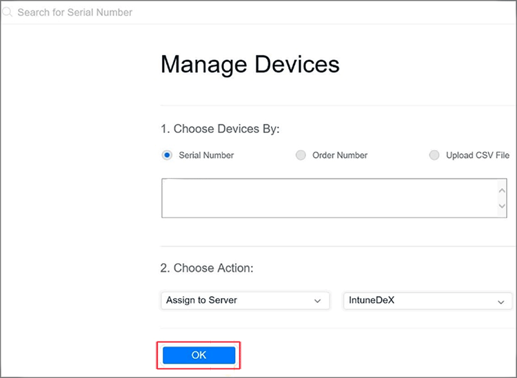 Screenshot of specifying choose devices by serial number, setting choose action as Assign to server and selecting the server name.
