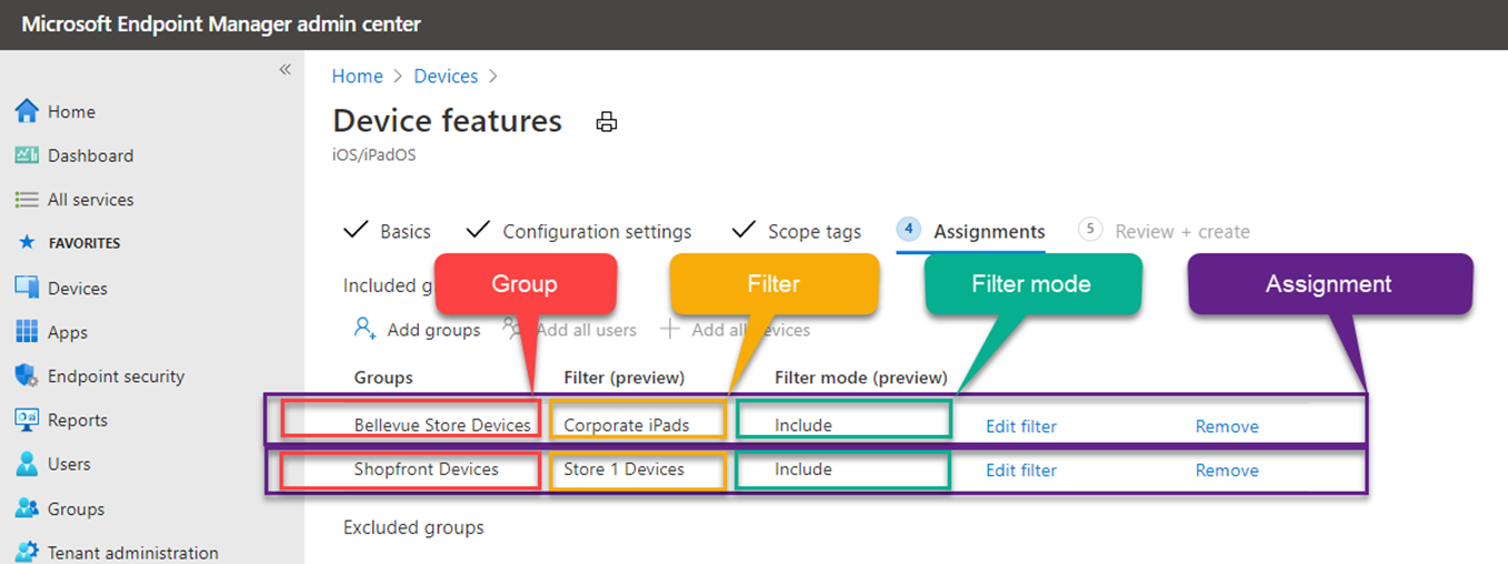 Screenshot that shows an example assignment conflict when using filters in Microsoft Intune.
