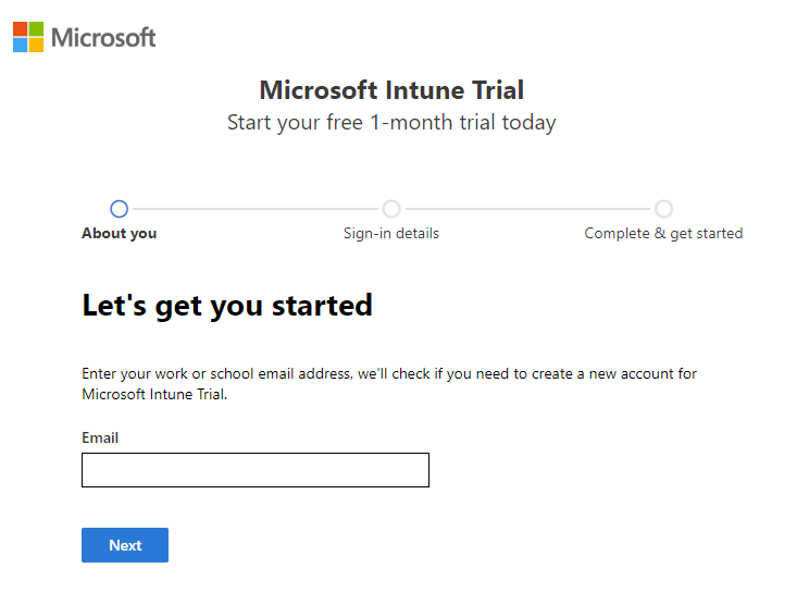 Screenshot of the Microsoft Intune set up account page - Enter email address