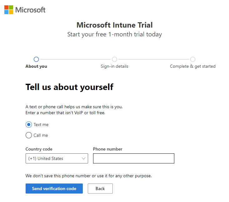 Screenshot of the Microsoft Intune set up account page - Send verification code