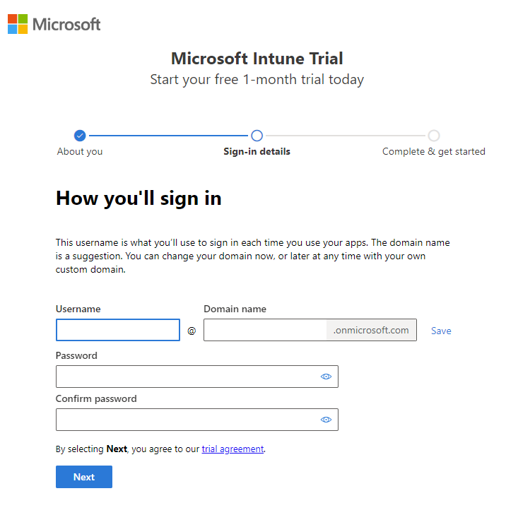Screenshot of the Microsoft Intune set up account page - Add domain name