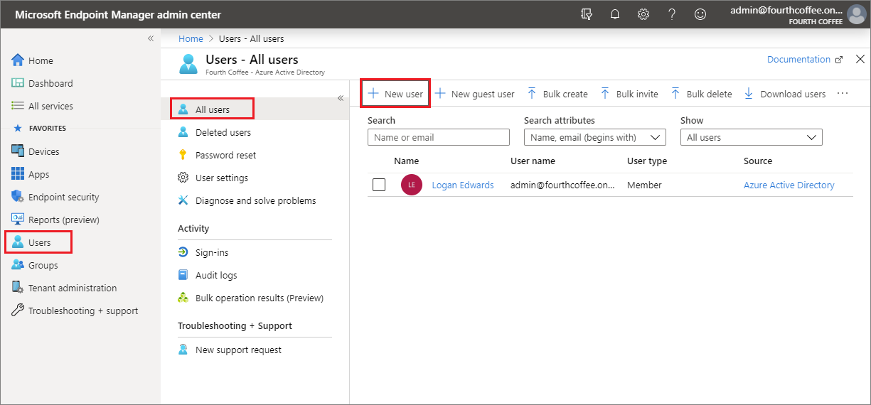 In Microsoft Endpoint Manager, select New user