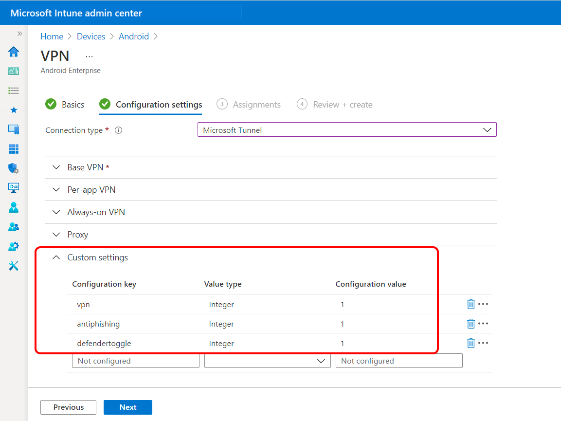 Configure custom settings in the VPN profile for Microsoft Defender for Endpoint
