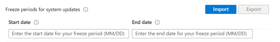 Screenshot that shows the freeze period start date and end date for Android Enterprise devices in the Microsoft Intune admin center.