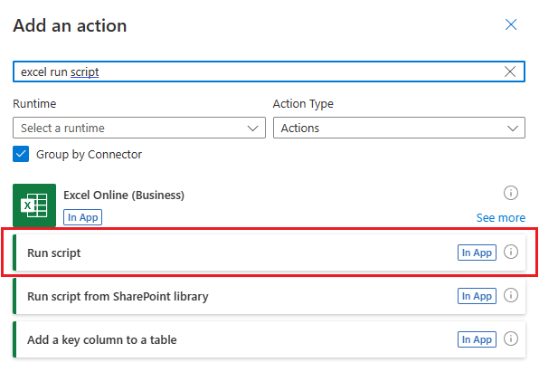 The action selection task pane showing actions for the Excel Online (Business) connector. The Run script action is highlighted.