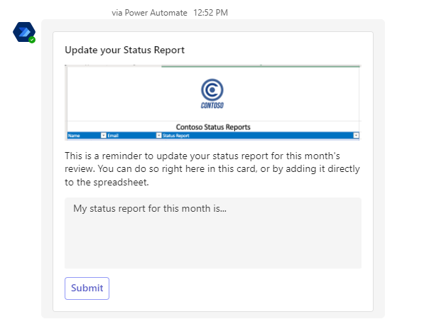 An Adaptive Card in Teams asking the employee for a status update.