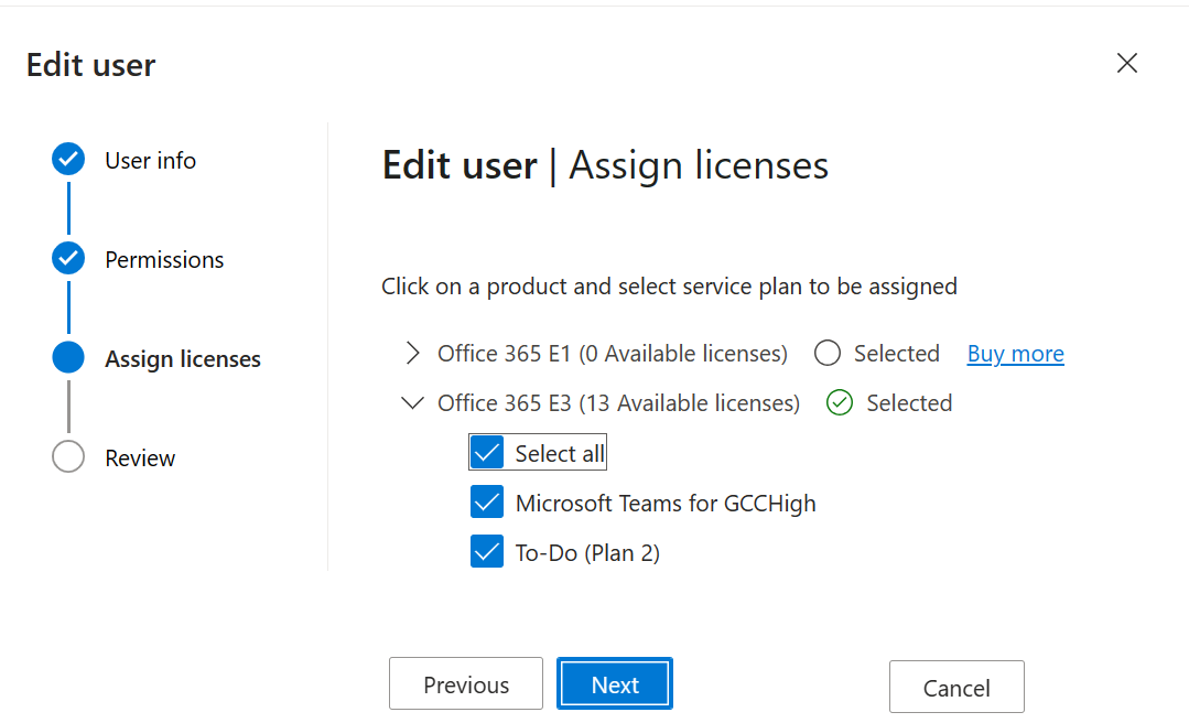 Screen shot of the Edit user - Assign licenses page.