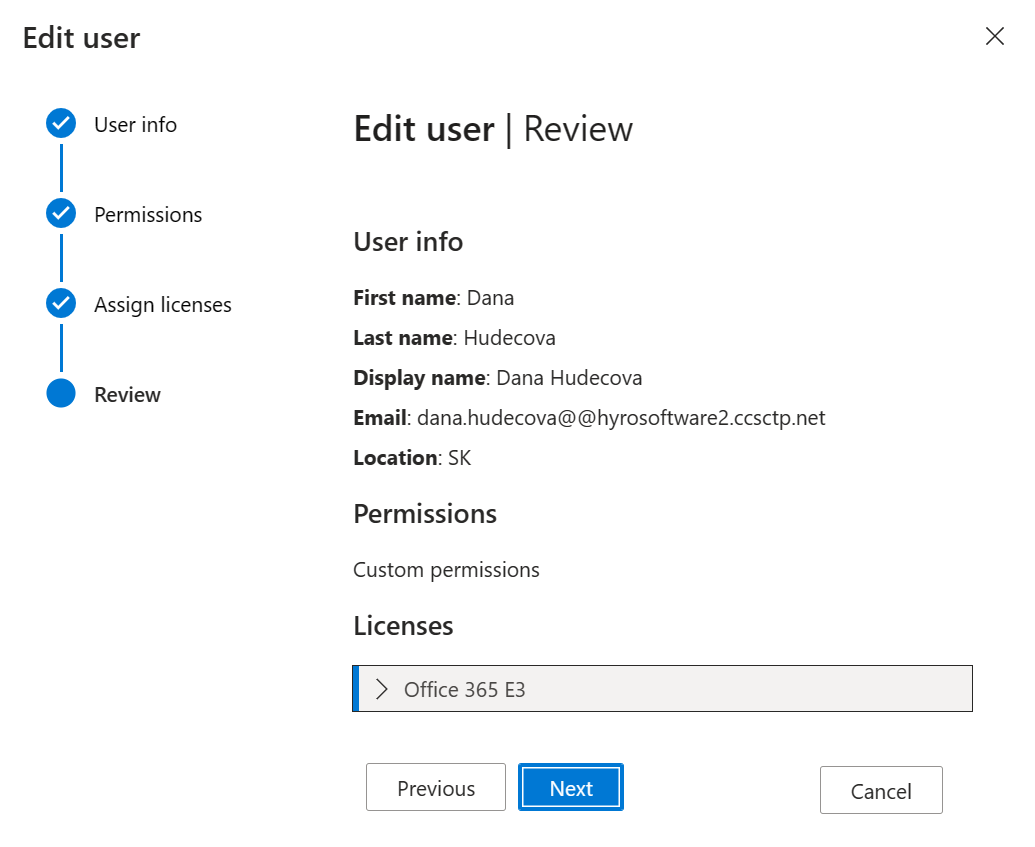 Screen shot of the Edit user - Review page.