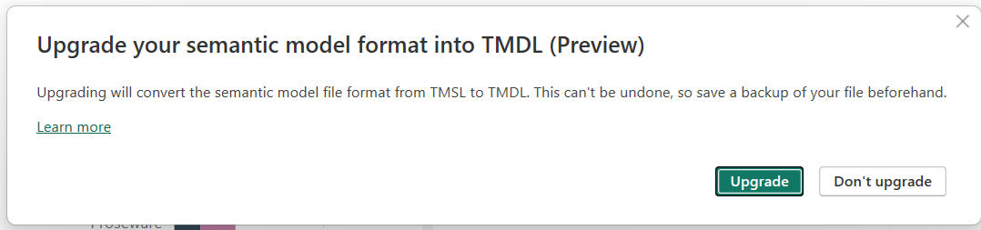 Screenshot of prompt to upgrade semantic model folder to TMDL.