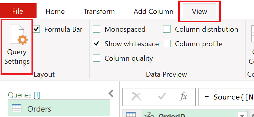 Screenshot of the upper left section of the Power Query editor with the View tab and the Query settings option emphasized.