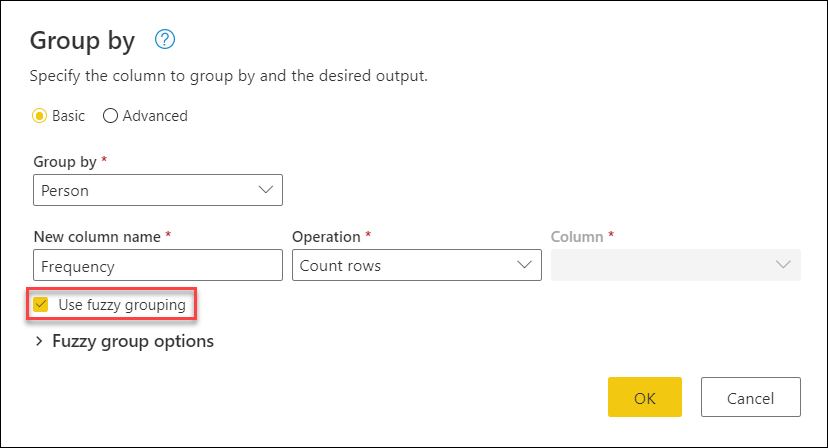 Fuzzy grouping check box in the Group by dialog box.