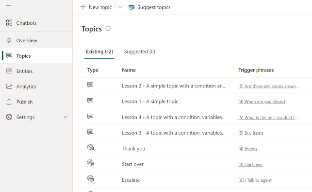 Screenshot of the Topics list showing lesson topics and system topics.