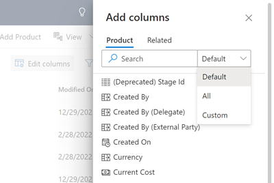 A screenshot of the list of default columns that are available to add to a view.
