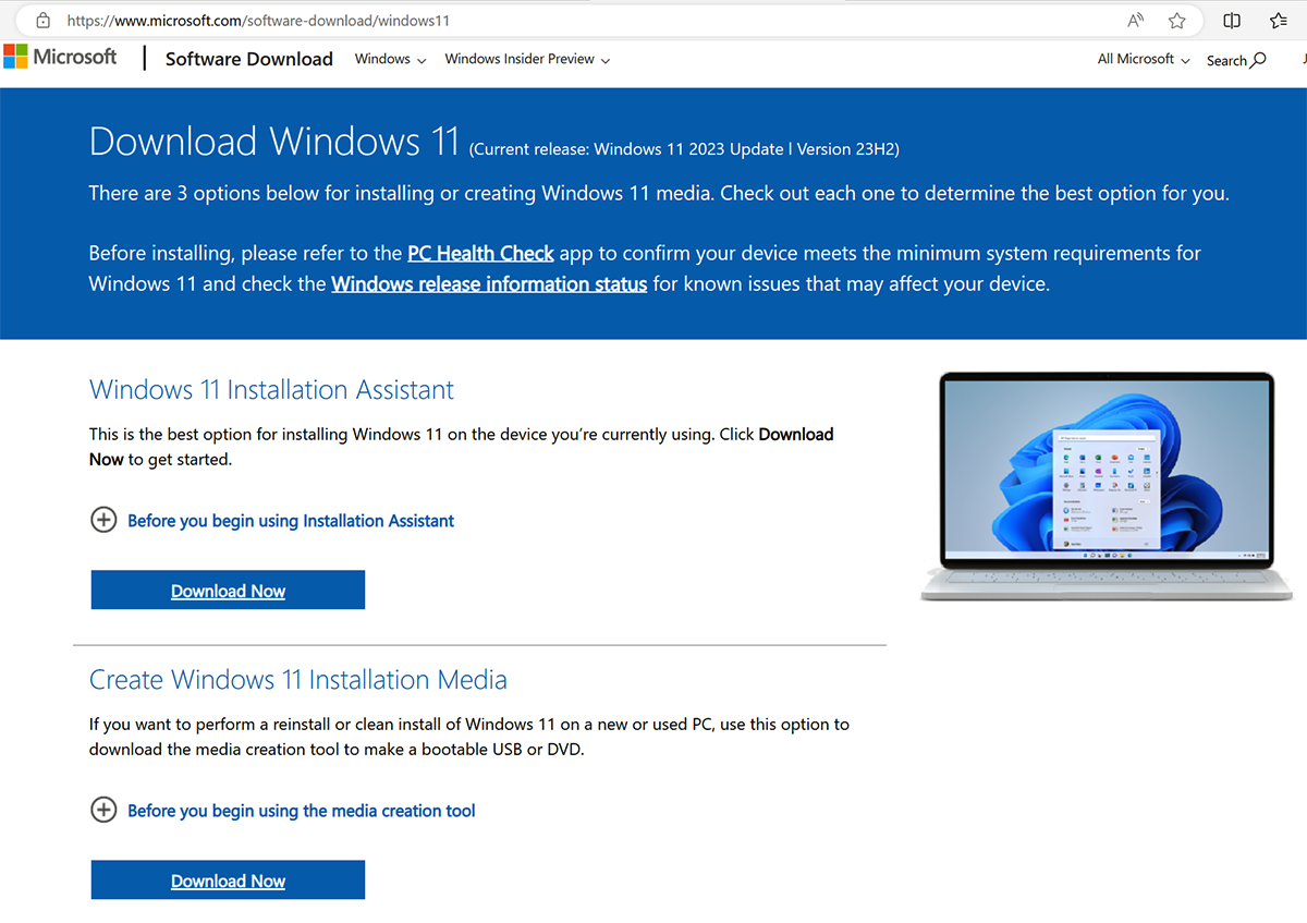 Screenshot of Windows 11 download page.