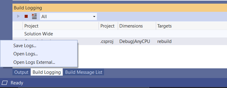 Build logging context menu