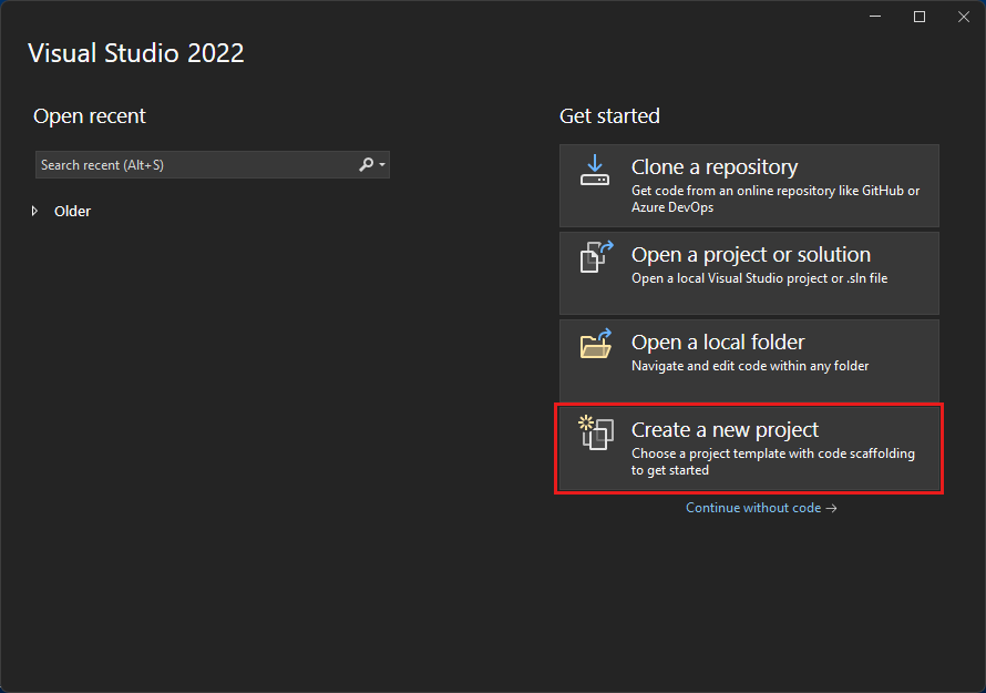Screenshot showing the Visual Studio start window with 'Create a new project' selected.