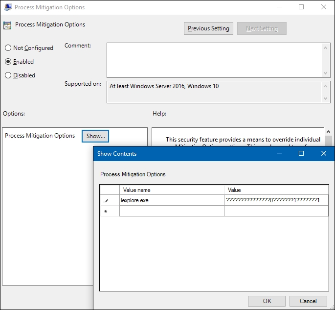 Screenshot of the Group Policy editor: Process Mitigation Options with Show Contents box and example text.