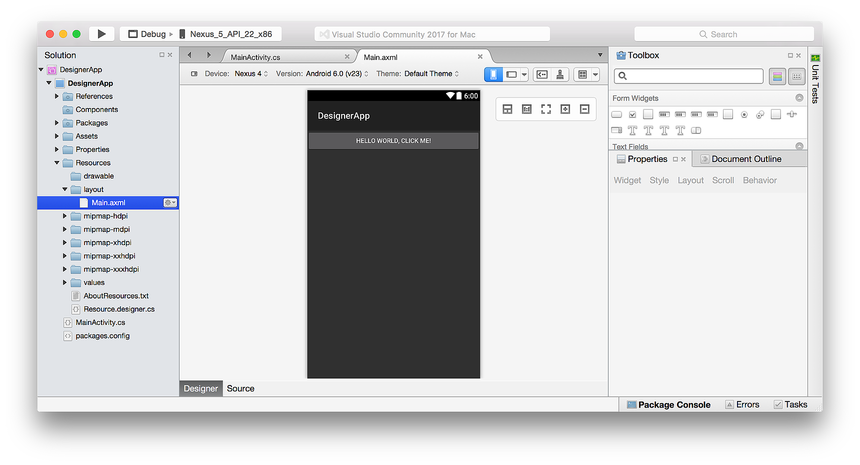 Designer screen in Visual Studio for Mac
