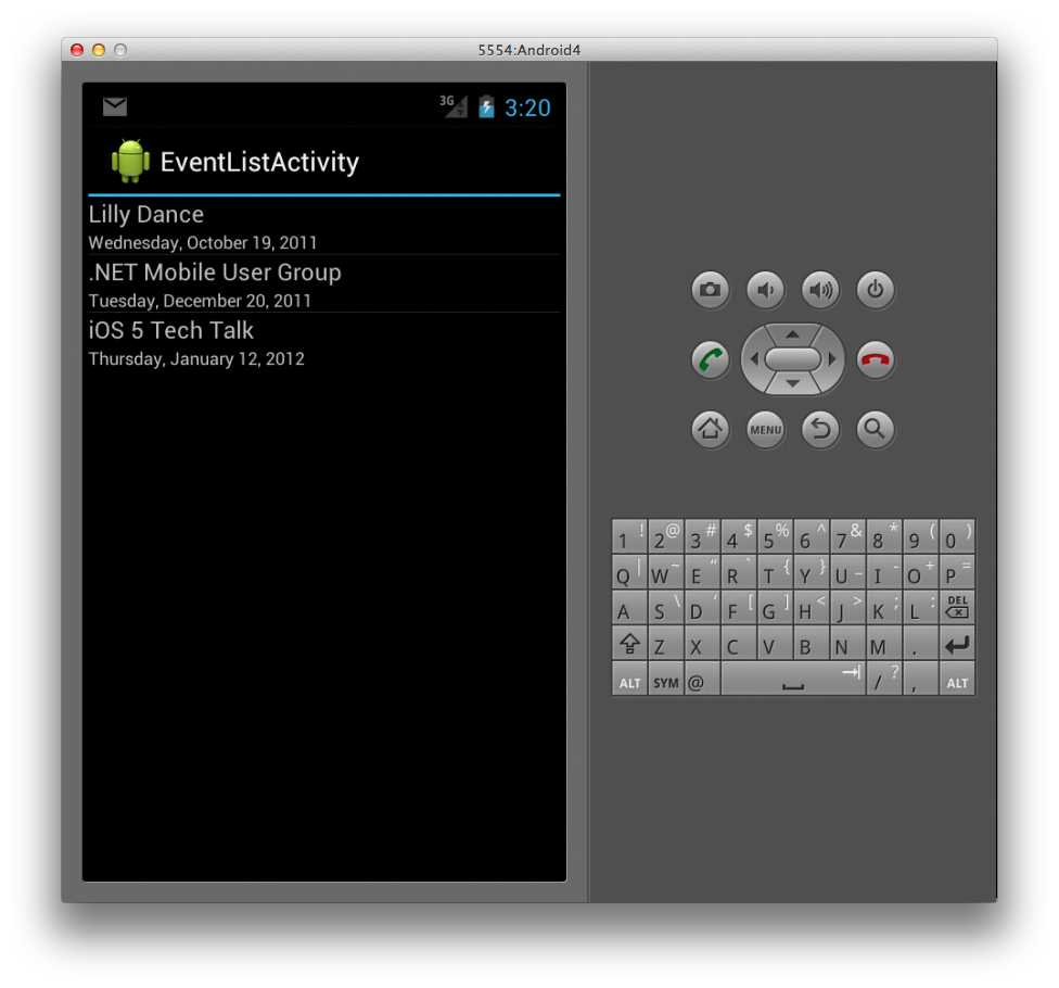 Screenshot of example app displaying three calendar events